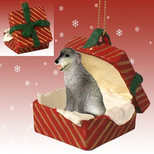 Irish Wolfhound Dog in Red Gift Box Christmas Ornament – Hand-Painted Stone Resin
