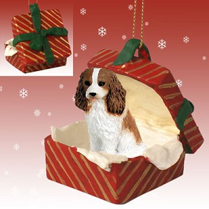 Brown & White Cavalier King Charles Spaniel Dog in Red Gift Box Christmas Ornament