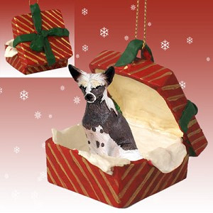 Gift Box Red Chinese Crested Dog in Red Gift Box Christmas Ornament – Hand-Painted Stone Resin
