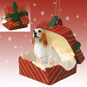 Orange Belton English Setter Dog in Red Gift Box Christmas Ornament – Hand-Painted Stone Resin