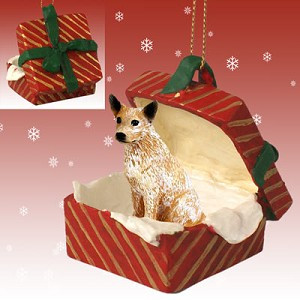Red Australian Cattle Dog in Red Gift Box Christmas Ornament – Hand-Painted Stone Resin