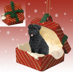 Uncropped Ears Bouvier Des Flandres Dog in Red Gift Box Christmas Ornament