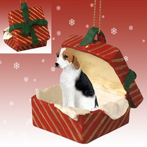 American Foxhound Dog in Red Gift Box Christmas Ornament – Hand-Painted Stone Resin