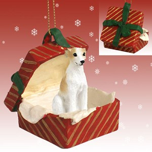 Tan & White Whippet Dog in Red Gift Box Christmas Ornament – Hand-Painted Stone Resin