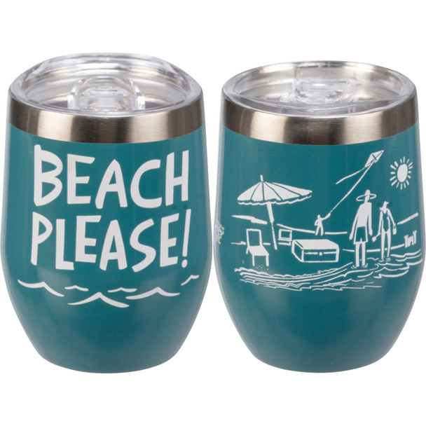 Stainless Steel Wine Tumbler Thermos - Beach Please - 12 Oz - Blue from Primitives by Kathy