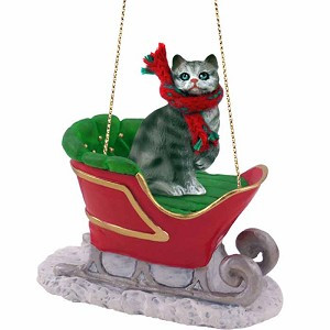 Silver Shorthaired Tabby Cat in Sleigh Christmas Ornament – Hand-Painted Stone Resin