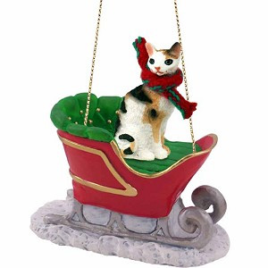 Tortoise & White Cornish Rex Cat in Sleigh Christmas Ornament – Hand-Painted Stone Resin