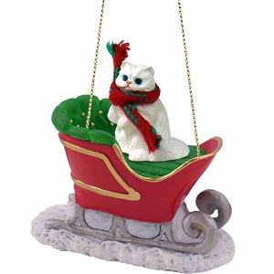 White Persian Cat in Sleigh Christmas Ornament – Hand-Painted Stone Resin