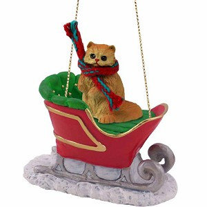 Red Persian Cat in Sleigh Christmas Ornament – Hand-Painted Stone Resin