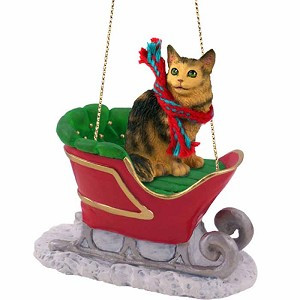 Brown Tabby Maine Coon Cat in Sleigh Christmas Ornament – Hand-Painted Stone Resin