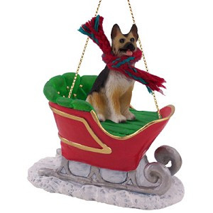 Tan Black German Shepherd Dog in Sleigh Christmas Ornament