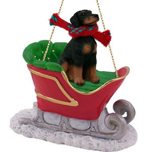 Black Uncropped Ears Doberman Pinscher Dog in Sleigh Christmas Ornament