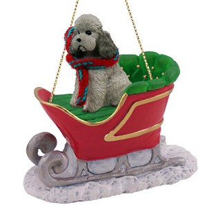 Gray Sport Cut Poodle Dog in Sleigh Christmas Tree Ornament