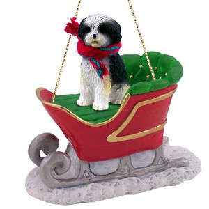 Black & White Sport Cut Shih Tzu Dog in Sleigh Christmas Ornament