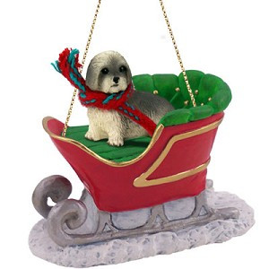 Gray Sport Cut Lhasa Apso Dog in Sleigh Christmas Ornament