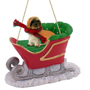 Brown Sport Cut Lhasa Apso Dog in Sleigh Christmas Ornament