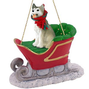 Gray & White Brown Eyes Husky Dog in Sleigh Christmas Ornament
