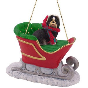Black & White Shih Tzu Dog in Sleigh Christmas Ornament