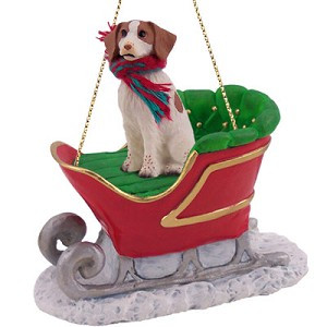 Brown & White Brittany Dog in Sleigh Christmas Ornament