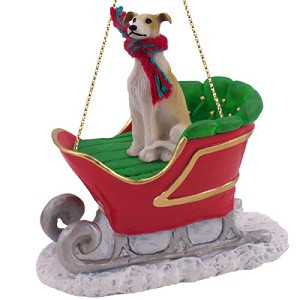 Tan & White Greyhound Dog in Sleigh Christmas Tree Ornament