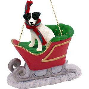 Black & White Rough Coat Jack Russell Terrier Dog in Sleigh Christmas Ornament