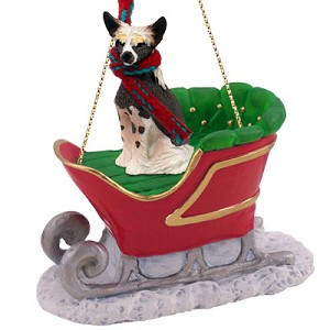 Black and White Chinese Crested Dog in Sleigh Christmas Ornament