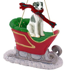 Gray & White Whippet Dog in Sleigh Christmas Tree Ornament