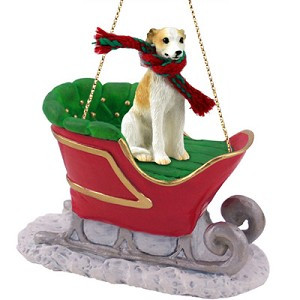 Tan & White Whippet Dog in Sleigh Christmas Tree Ornament