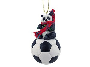 Panda on Soccer Ball Christmas Ornament – Hand-Painted Stone Resin