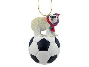 Polar Bear on Soccer Ball Christmas Ornament – Hand-Painted Stone Resin