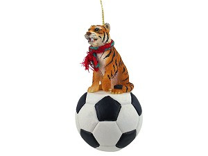 Bengal on Soccer Ball Christmas Ornament – Hand-Painted Stone Resin