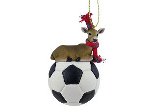 Soccer Deer Doe on Soccer Ball Christmas Ornament – Hand-Painted Stone Resin
