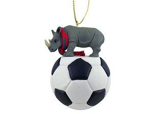Rhinoceros on Soccer Ball Christmas Ornament – Hand-Painted Stone Resin