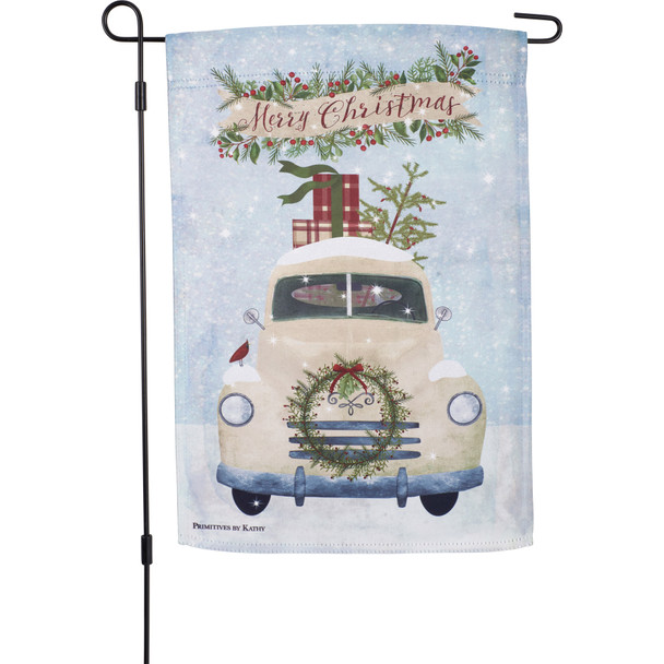 Double Sided Garden Flag - Merry Christmas - Vintage Pickup Truck With Wreath 12x18 from Primitives by Kathy