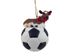 Guernsey Cow on Soccer Ball Christmas Ornament – Hand-Painted Stone Resin