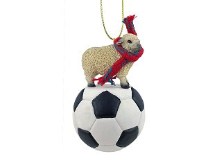 White Sheep on Soccer Ball Christmas Ornament – Hand-Painted Stone Resin