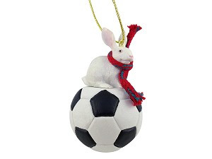 White Rabbit on Soccer Ball Hanging Ornament – Hand-Painted Stone Resin