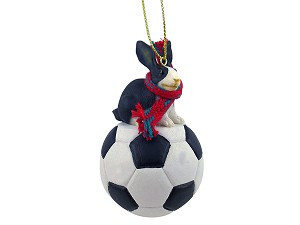 Black & White Rabbit on Soccer Ball Christmas Ornament – Hand-Painted Stone Resin