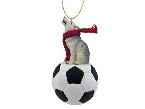 Gray Wolf on Soccer Ball Hanging Ornament – Hand-Painted Stone Resin