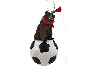 Grizzly Bear on Soccer Ball Christmas Ornament – Hand-Painted Stone Resin