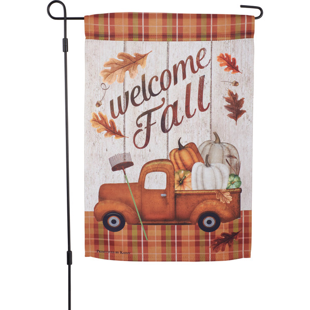 Decorative Double Sided Polyester Garden Flag - Welcome Fall - Pickup Pumpkin Truck 12x18 from Primitives by Kathy