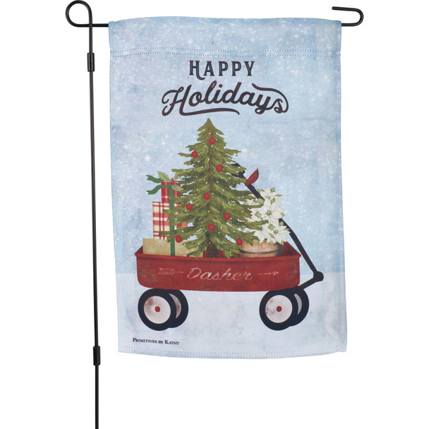 Decorative Double Sided Polyester Garden Flag - Happy Holidays - Red Wagon Christmas Tree & Presents from Primitives by Kathy