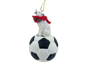 White Wolf on Soccer Ball Christmas Ornament – Hand-Painted Stone Resin