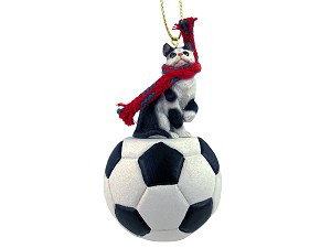 Black & White Shorthaired Tabby Cat on Soccer Ball Christmas Ornament – Hand-Painted Stone Resin