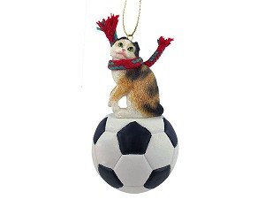 Tortoise & White Scottish Fold Cat on Soccer Ball Christmas Ornament – Hand-Painted Stone Resin