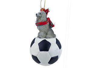 Gray Poodle Dog on Soccer Ball Christmas Ornament – Hand-Painted Stone Resin