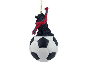Black Poodle Dog on Soccer Ball Christmas Ornament – Hand-Painted Stone Resin