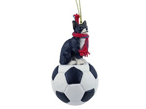 Black & White Chihuahua Dog on Soccer Ball Christmas Ornament – Hand-Painted Stone Resin