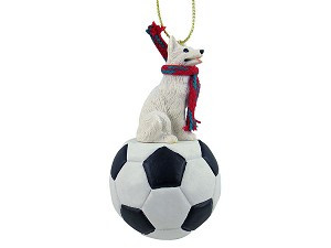 White German Shepherd Dog on Soccer Ball Christmas Ornament – Hand-Painted Stone Resin