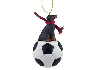Red Uncropped Ears Doberman Pinscher Dog on Soccer Ball Christmas Ornament